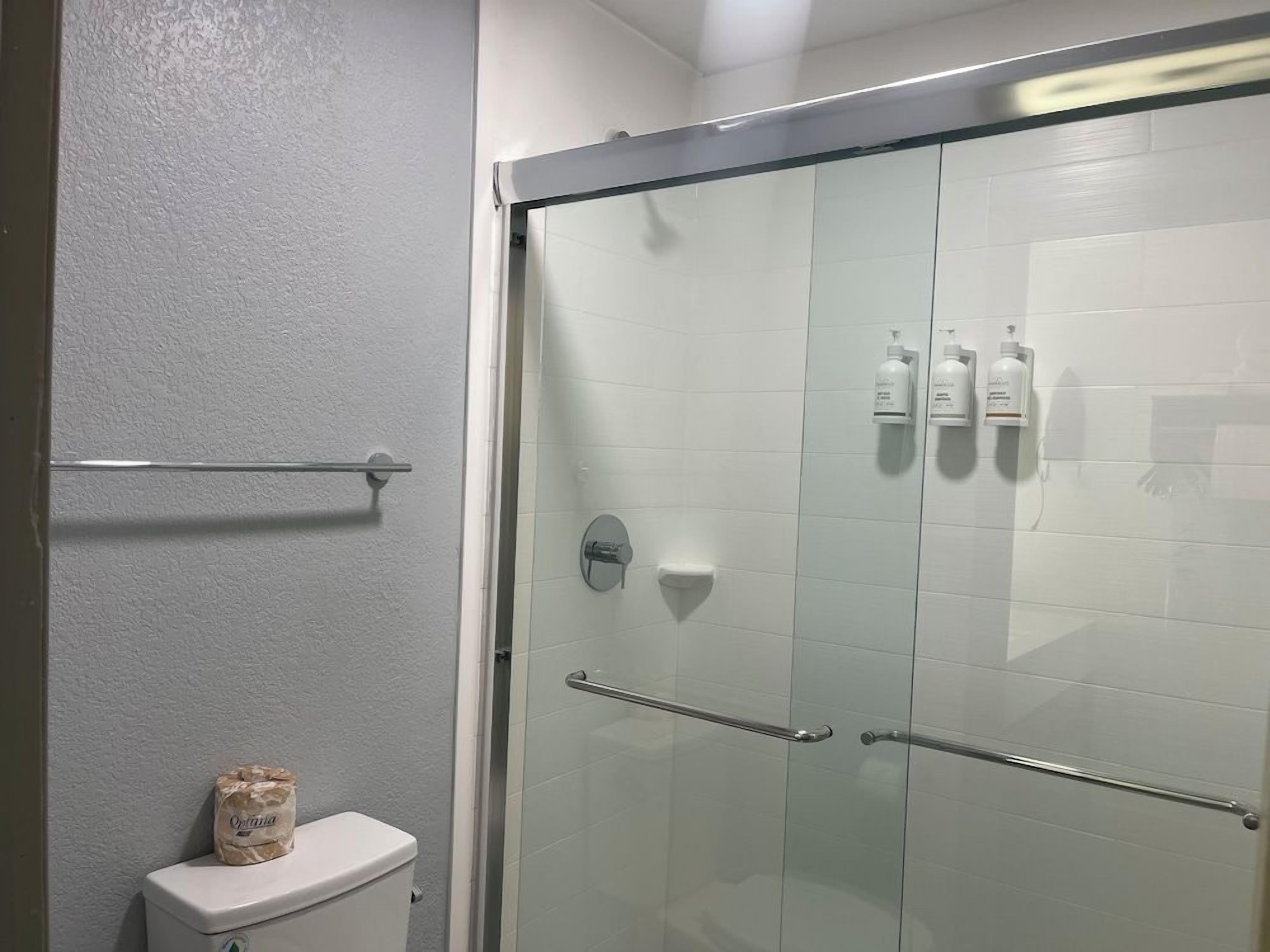 A bathroom with a toilet, a glass shower enclosure, and toiletries on the wall.