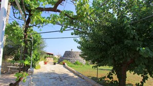 Un sendero adoquinado de piedra que lleva a una construcción de piedra, rodeada de vegetación y un cielo despejado.