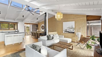 Smart TV, fireplace, DVD player, books