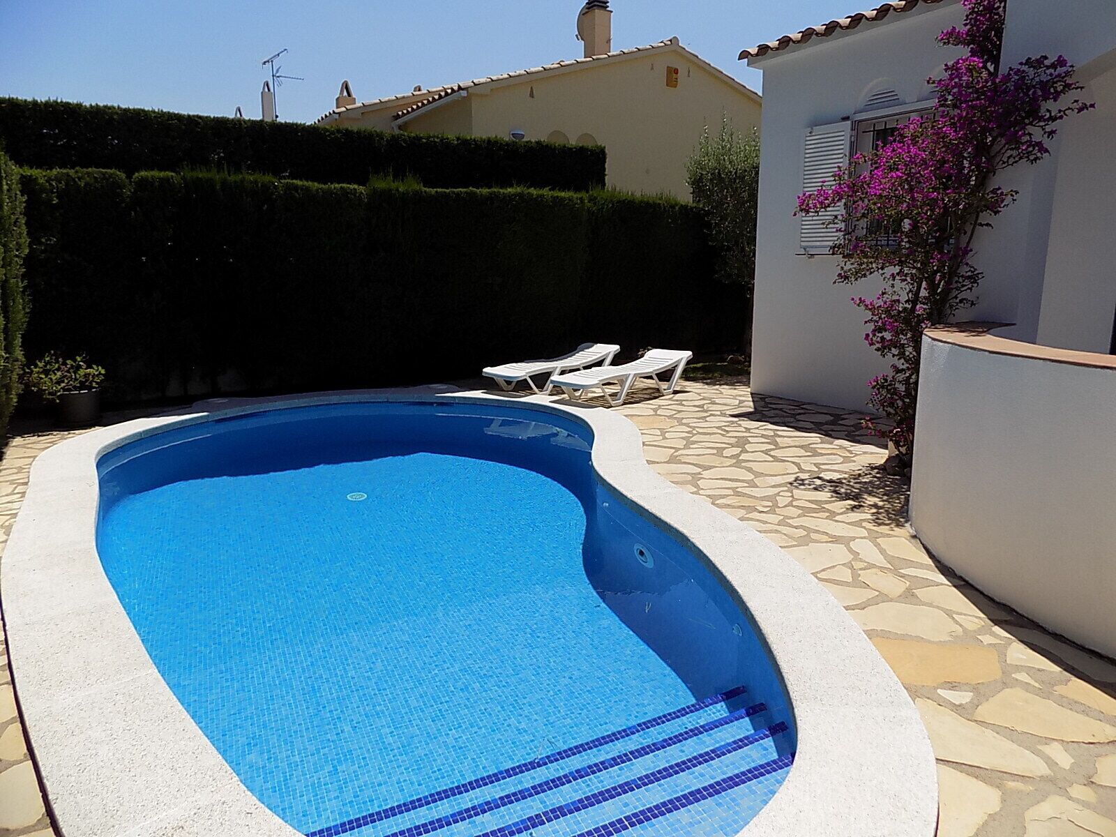 A swimming pool with a tiled edge, surrounded by a stone patio and a white wall.