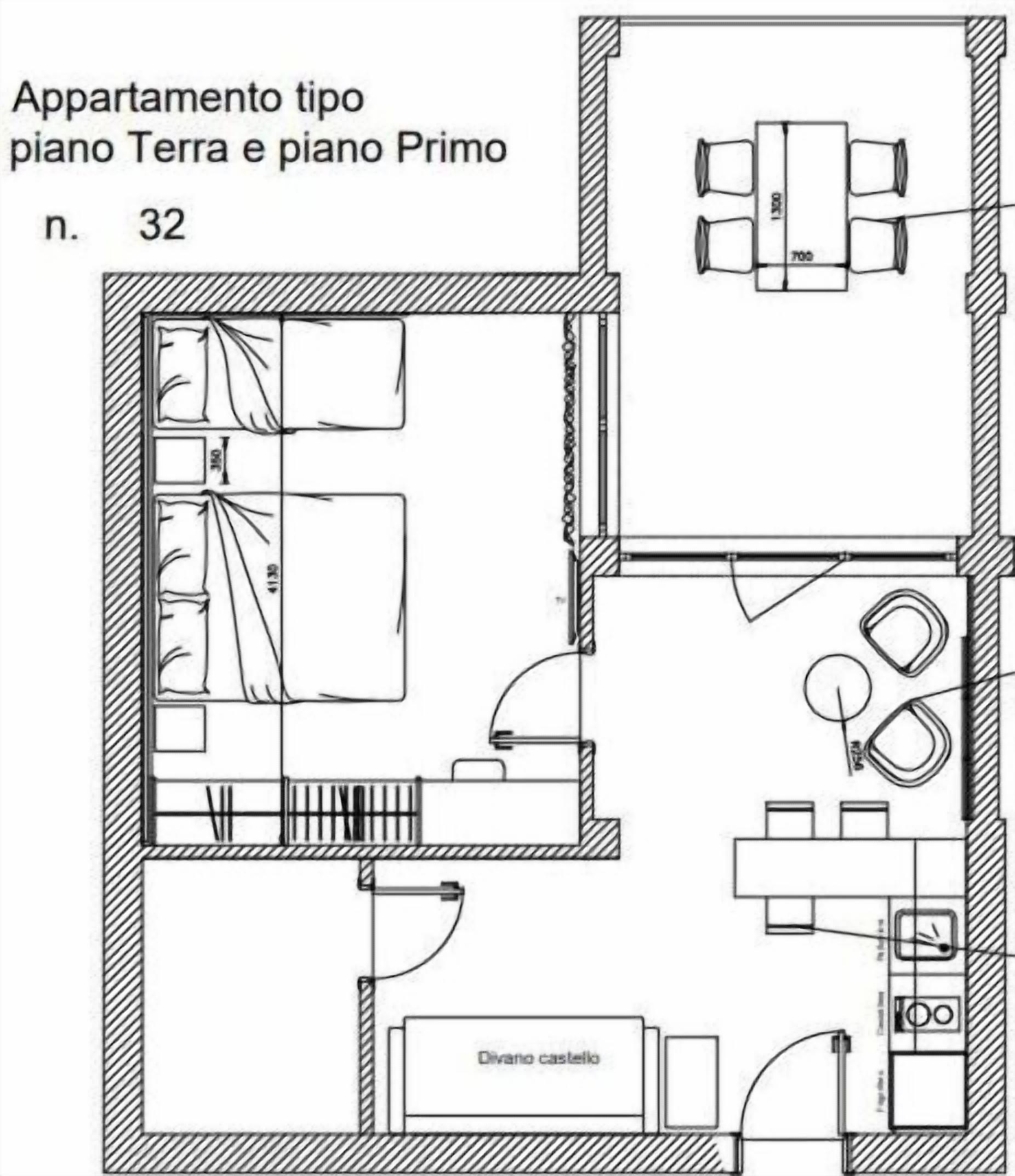 A floor plan of a standard apartment with a Terra and Primo floor, including a dining area, kitchen, bathroom, and a small balcony.