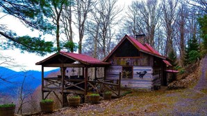 A rustic cabin with a wooden deck and a red roof, surrounded by trees and a gravel path. - Enjoy this 100+ year old cabin in the gated Wolf Laurel Resort community. (MARS HILL)