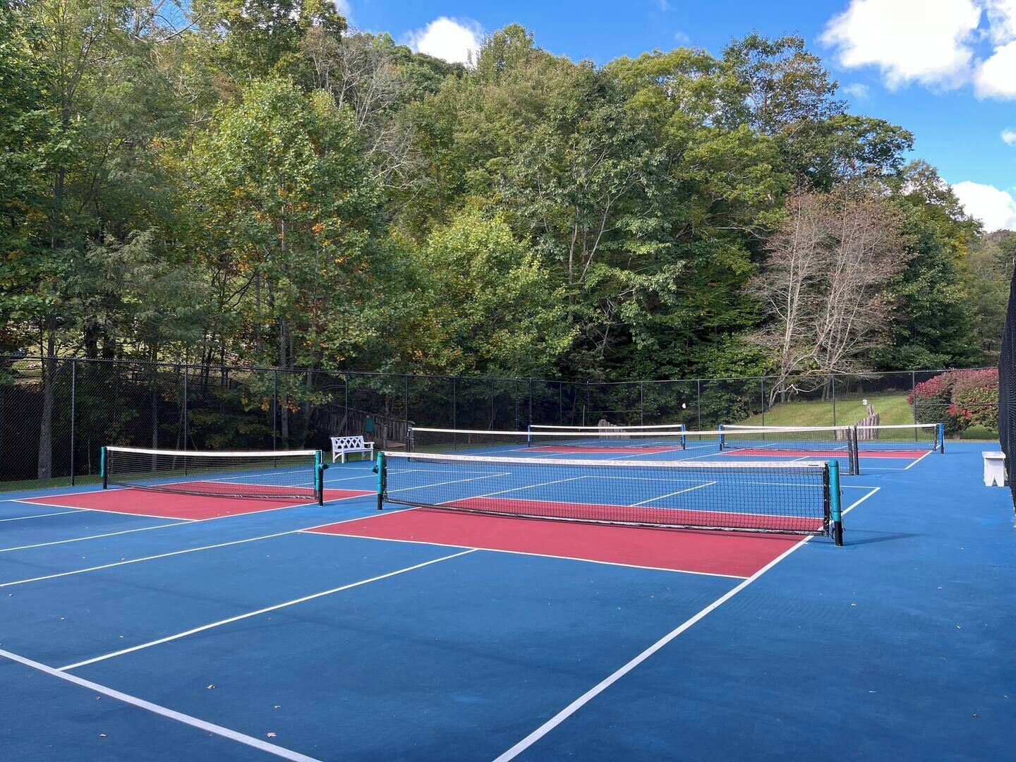 Un court de tennis avec un filet au centre, entouré d’arbres.