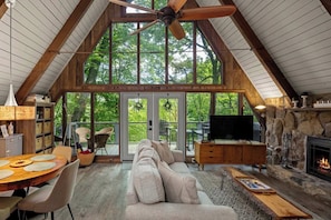 TV, fireplace, books, offices