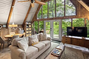 TV, fireplace, books, offices