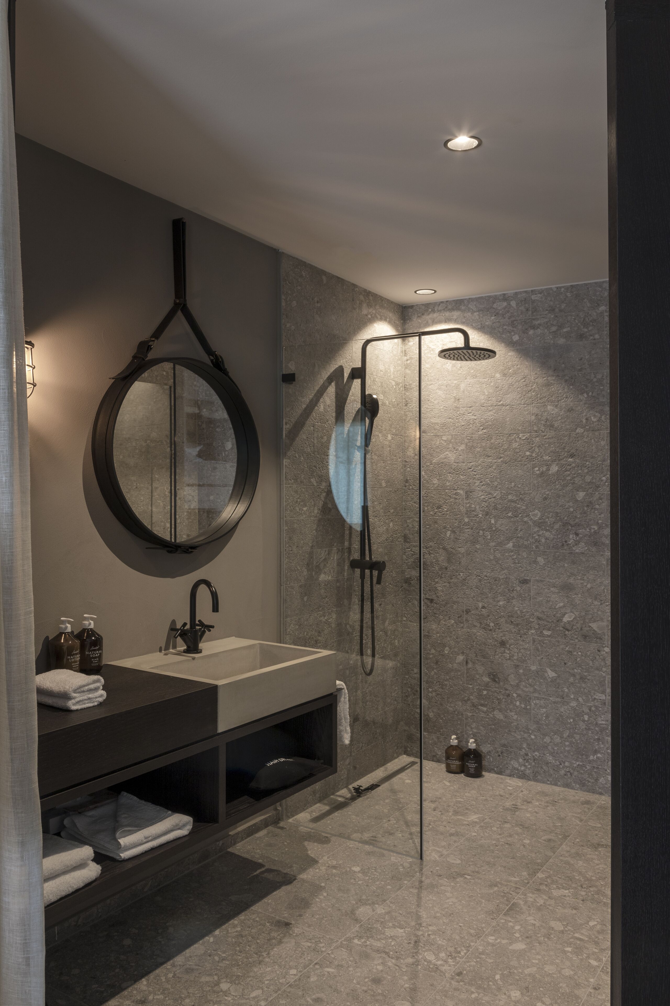 shower, hair dryer, bathrobes, slippers