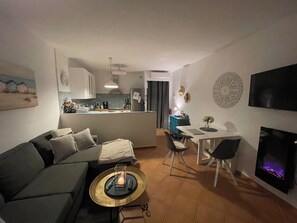 TV connectée, cheminée, Netflix, livres