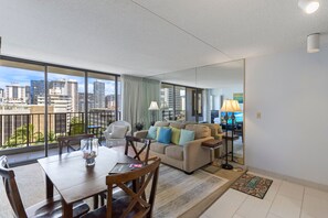 Condo, 1 Bedroom | Living area | Smart TV - Deluxe Ocean and City View Waikiki Banyan Condo, Free Parking & Wi-Fi by Koko Resort Vacation Rentals (Honolulu)