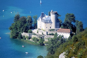 A castle with a tower, surrounded by water and greenery.