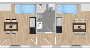 A hotel room layout with two bedrooms, a bathroom, a kitchen, and a dining area. - Holiday apartment North (WA325) (Wackersdorf)