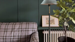 Une pièce avec un canapé à carreaux, une lampe sur pied, une plante en pot et un radiateur.