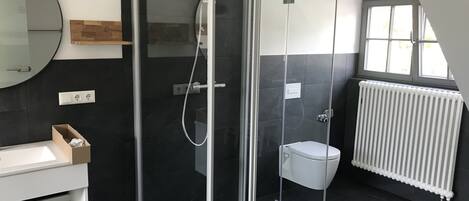 A modern bathroom with a glass-enclosed shower, a white toilet, a sink with a mirror, and a window providing natural light.