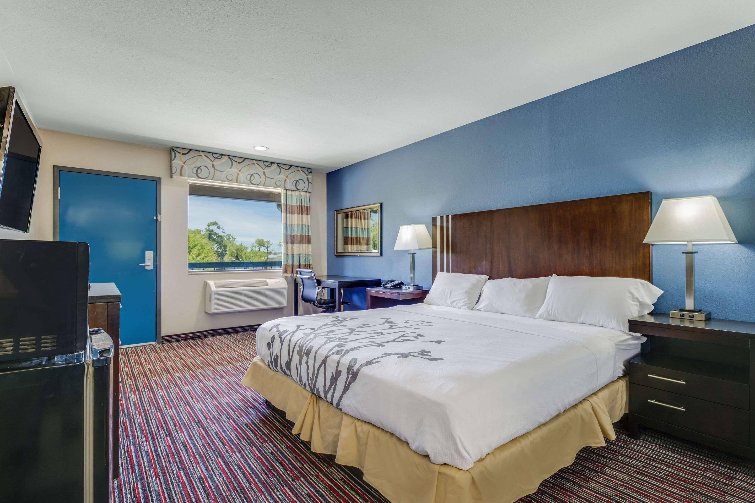 Hotelkamer met een groot bed, twee nachtkastjes met lampen, een bureau met stoel, een televisie en een raam met uitzicht.