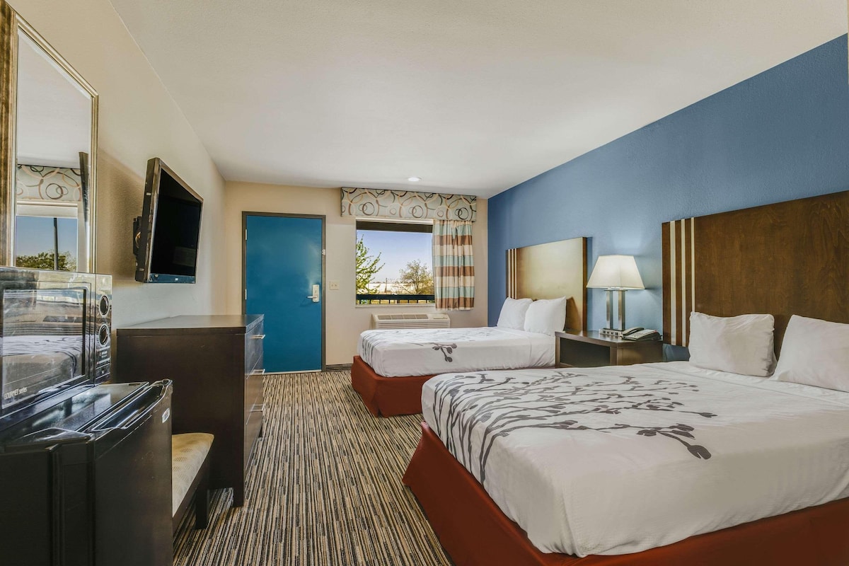A hotel room with two beds, a TV, a desk, a lamp, and a view of the outdoors.