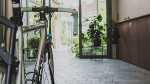 Una bicicleta estacionada en un espacio al aire libre cubierto, con piso de ladrillo y plantas en macetas.