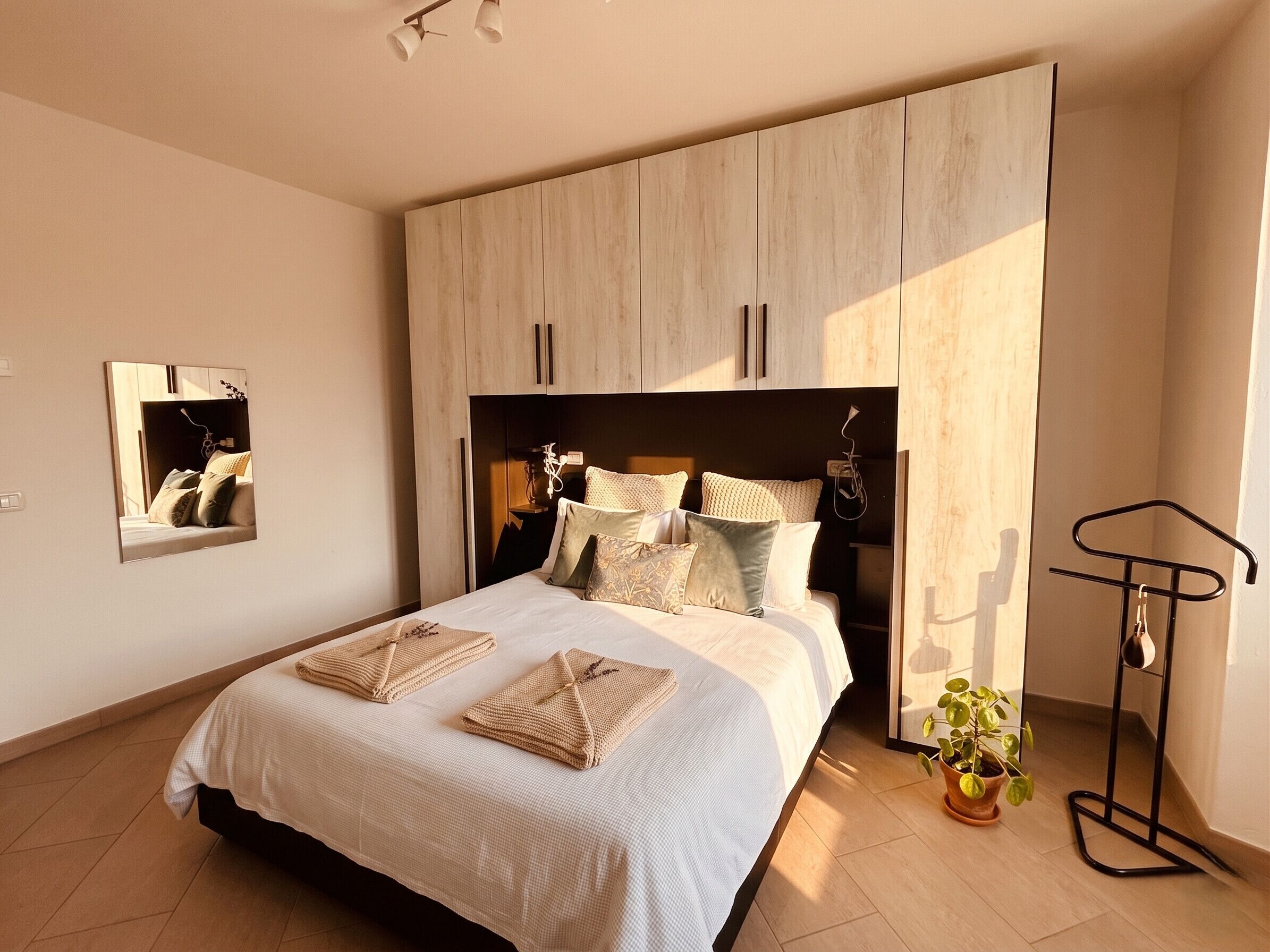 A bedroom with a bed, bedside tables, a mirror, a wardrobe, and a plant.