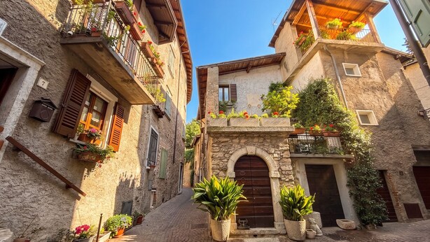 Una estrecha calle adoquinada con edificios históricos de piedra, contraventanas de madera y plantas en macetas.
