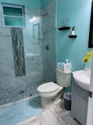 Shower, hair dryer, towels, soap