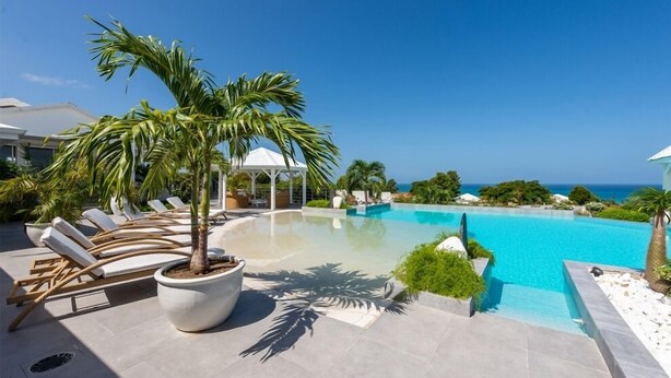 Ein Poolbereich mit Liegestühlen, einer Palme und freiem Blick auf das Meer.