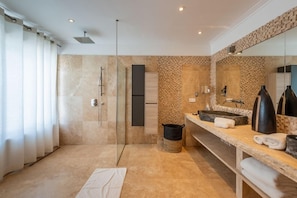 Shower, hair dryer, towels
