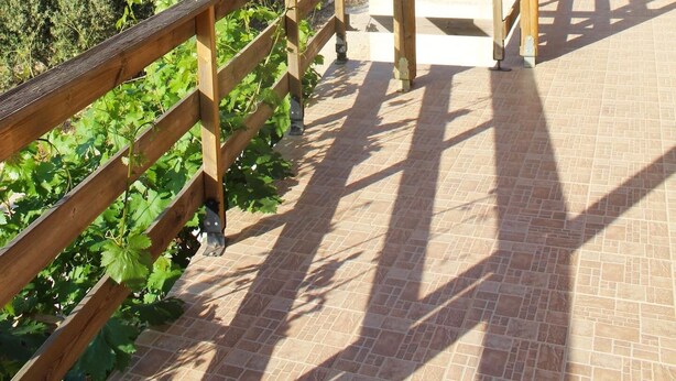 A covered outdoor area with a wooden railing, a tiled floor, and a view of the surrounding landscape. - Alonaki House (Listaros)