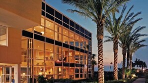 A modern hotel with a glass facade, palm trees, and a well-lit entrance.
