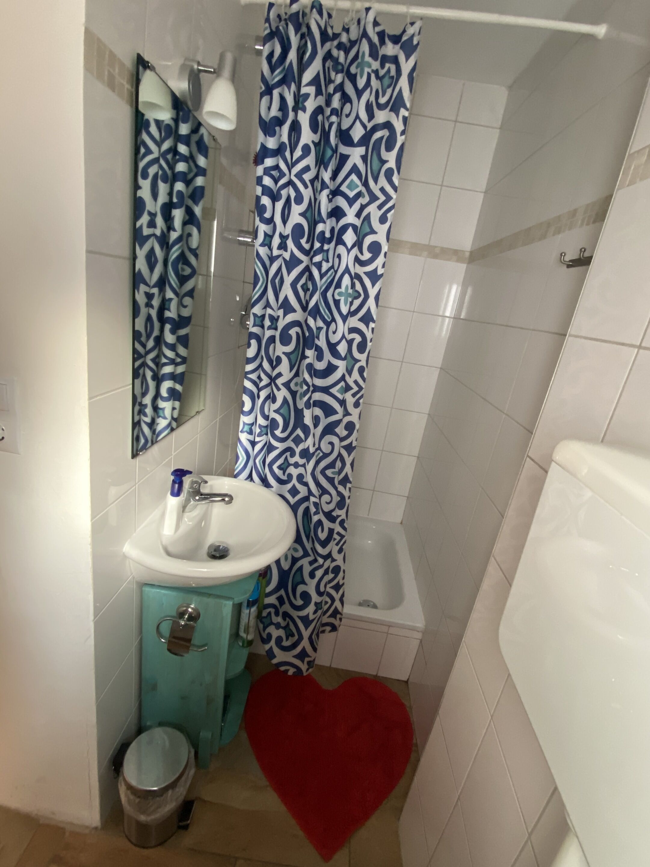 Ein Badezimmer mit einem weißen Waschbecken, einem blauen und weißen Vorhangduschvorhang, einem roten, herzförmigen Teppich und einer weißen Toilette.