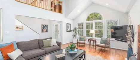 Smart TV, fireplace, books
