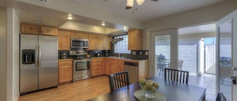 Microwave, dishwasher, coffee/tea maker, cookware/dishes/utensils