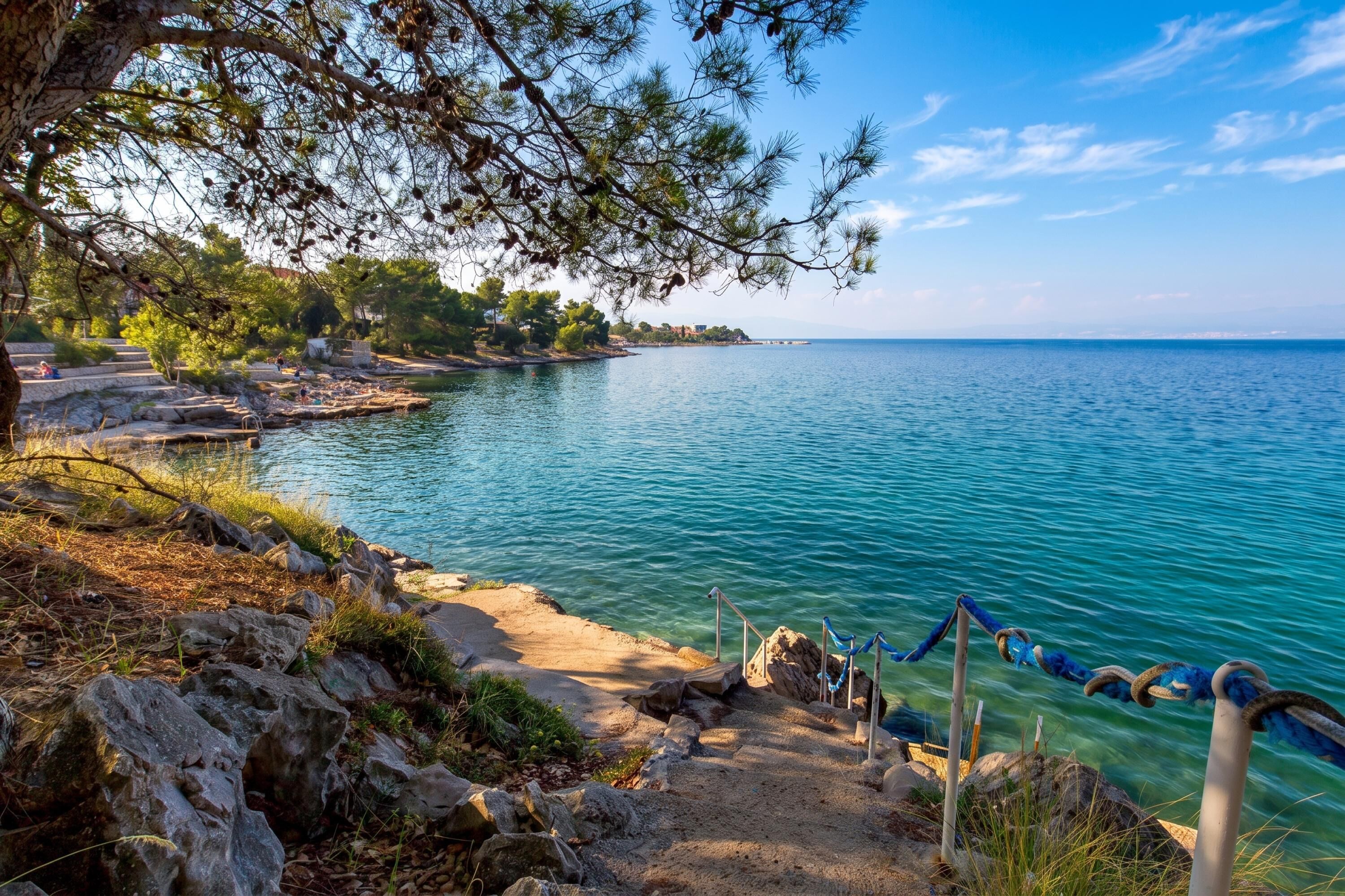 A coastal landscape with clear water, rocky shore, and a tree-lined path.