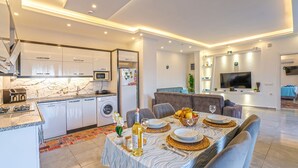 Un appartement moderne comprenant une cuisine, un coin repas et un salon.