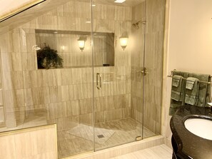 Combined shower/bathtub, jetted bath, hair dryer, towels - Lakeside Luxury, Screened in Porch, Fountain View (Carbondale)