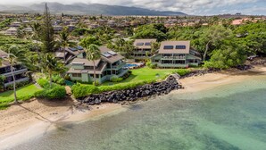 A coastal residential area with houses featuring solar panels, a beach, and clear waters. - Spectacular, fully renovated 3-Bedroom Oceanfront Townhome in Kahana (Lahaina)