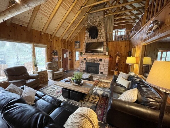 Smart TV, chimenea y libros 