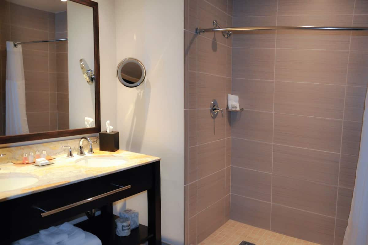 hydromassage showerhead, hair dryer, towels, soap