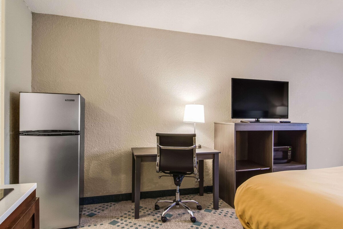 A hotel room with a bed, a desk with a chair, a refrigerator, a television on a stand, and a microwave in a cabinet.
