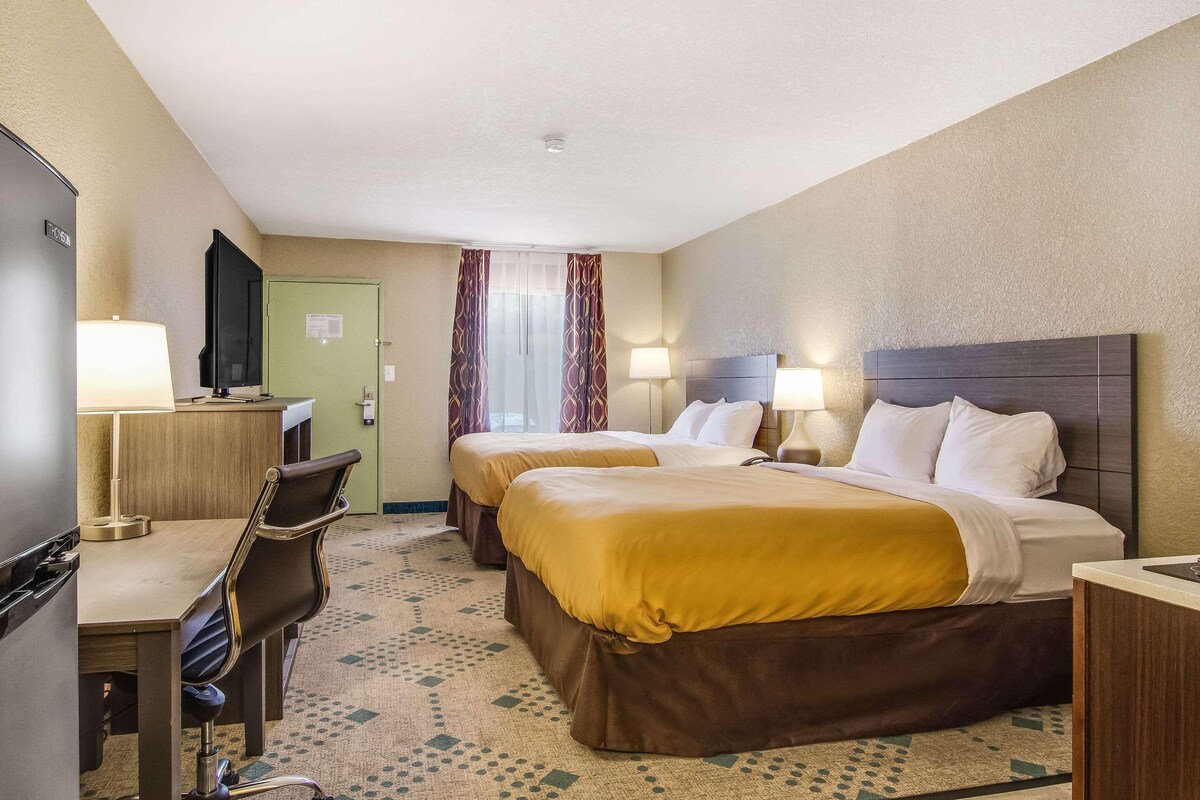 Quarto de hotel com duas camas, uma escrivaninha com cadeira, televisão e porta verde.