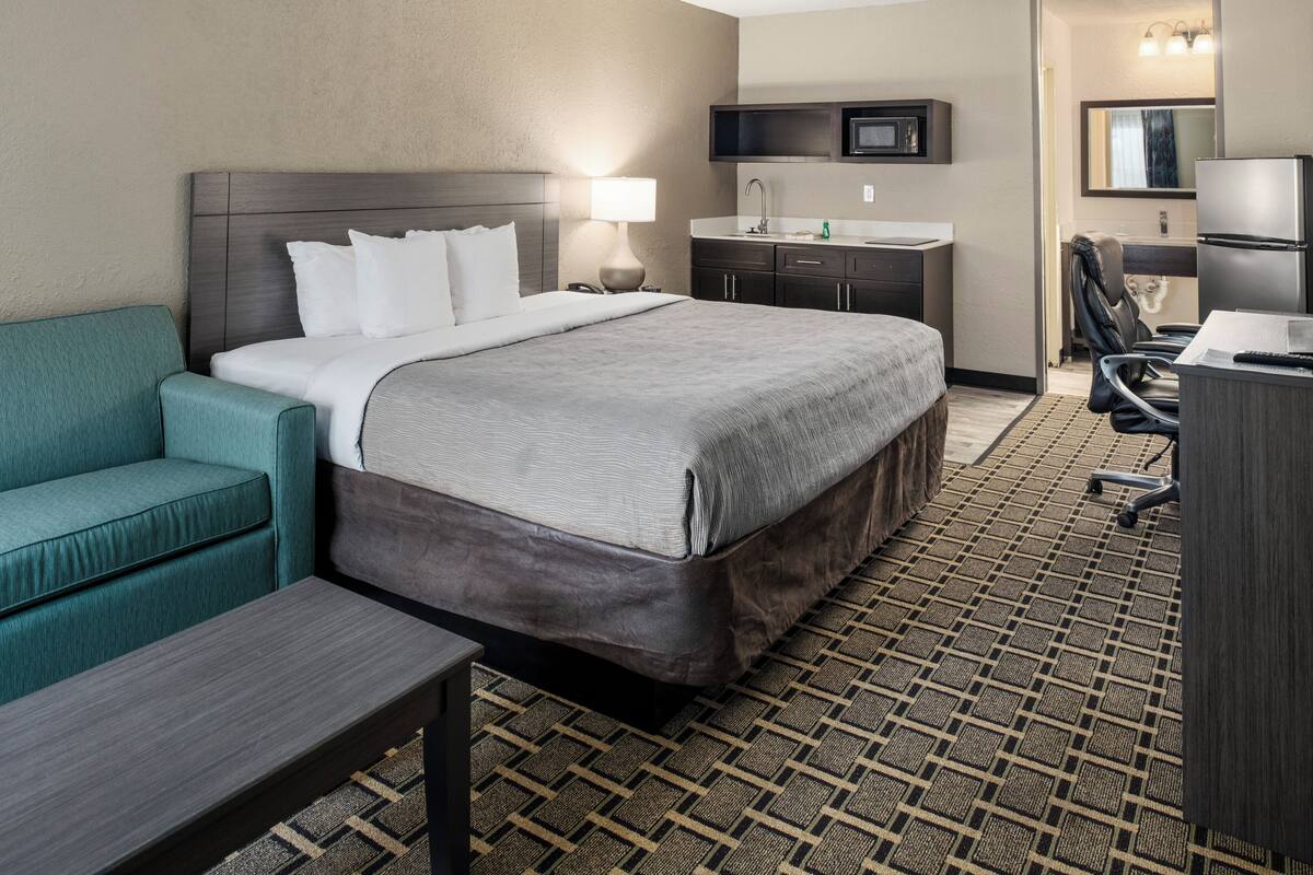 A hotel room with a bed, a desk, a chair, a sofa, and a television.