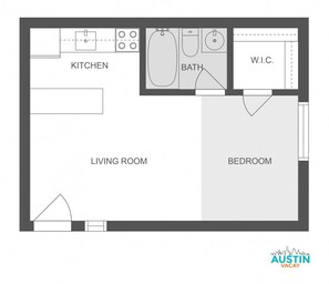 A floor plan of a house with a kitchen, living room, bedroom, and bathroom.