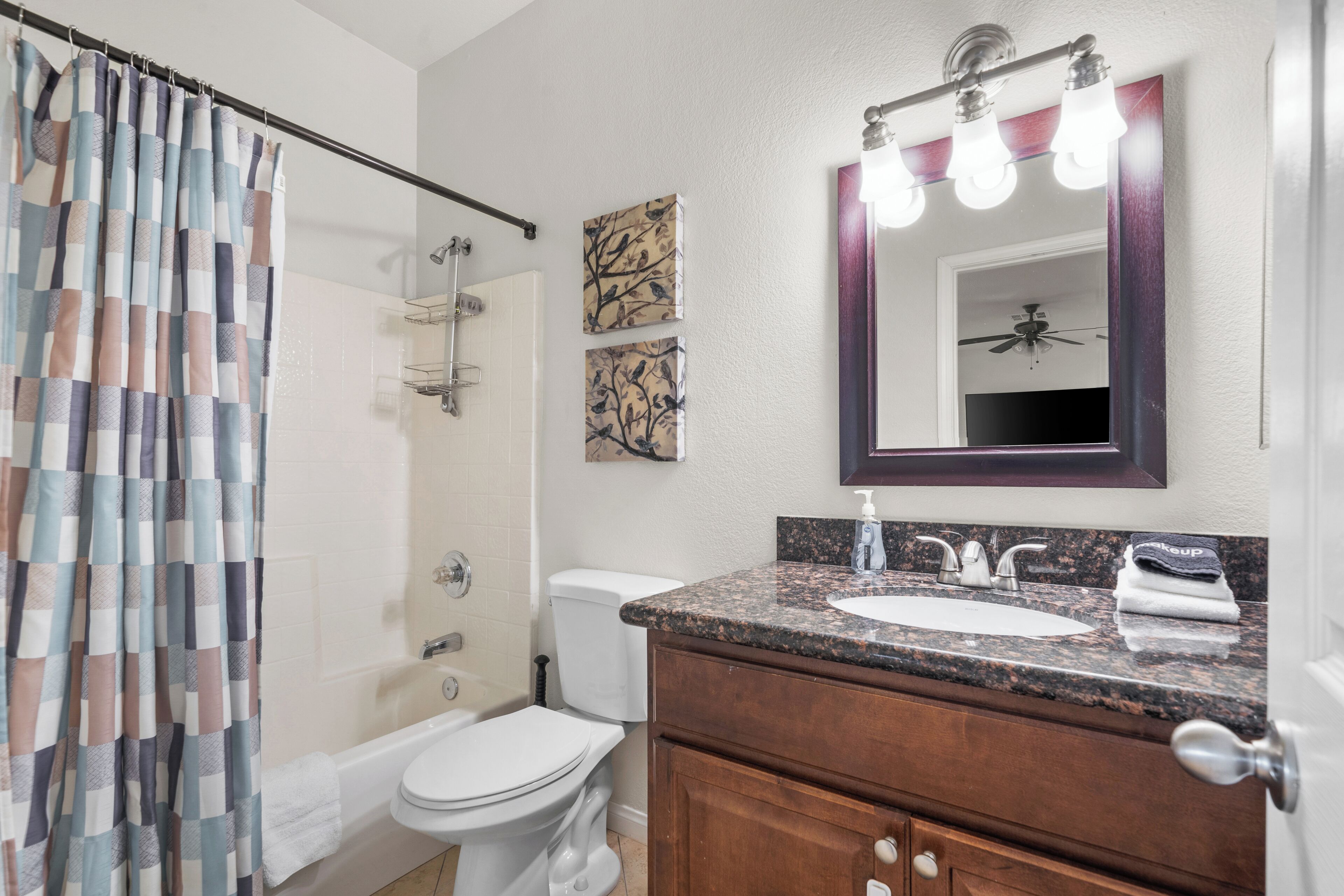 A bathroom with a shower curtain, a toilet, a sink with a vanity, and a mirror with lights.
