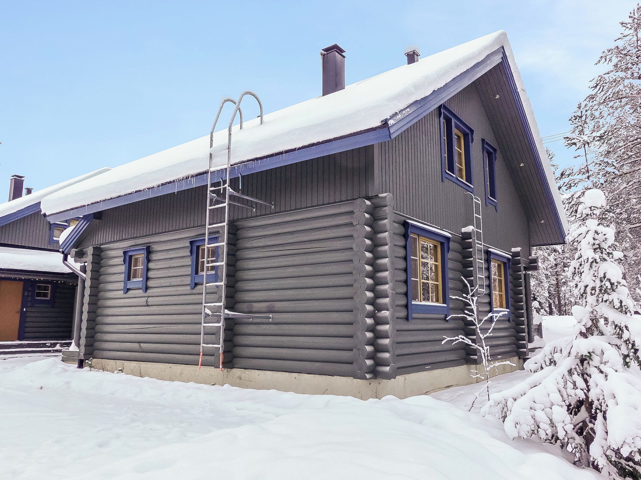 A log cabin with a steep roof, a chimney, and a ladder leaning against the wall.