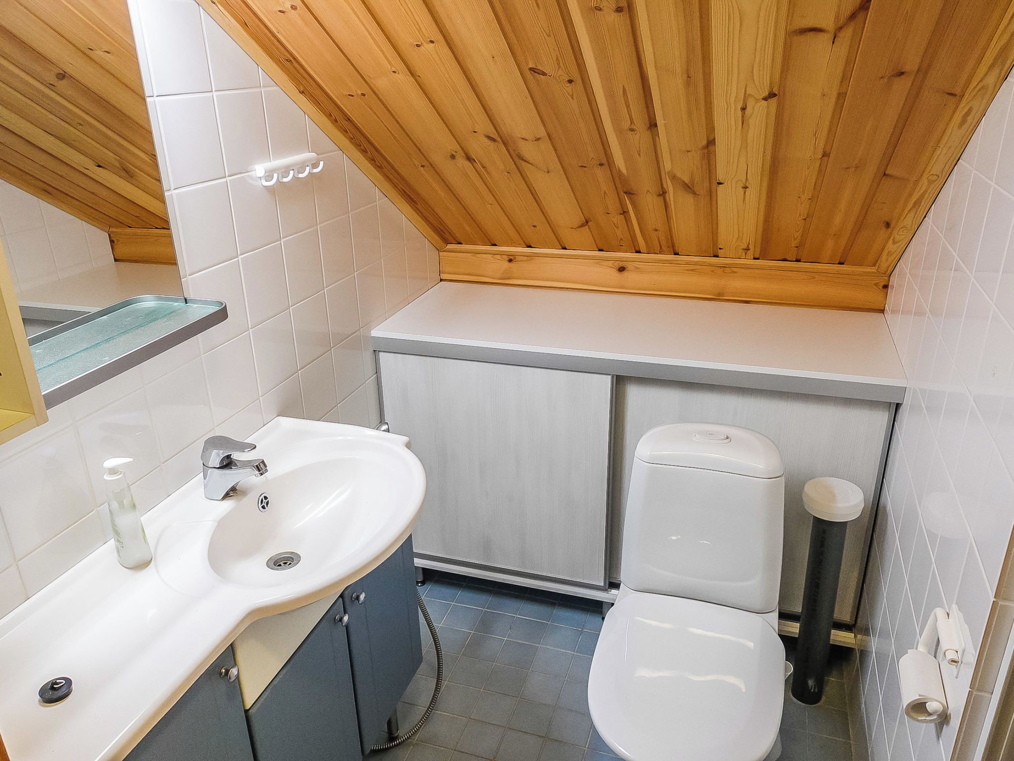 A compact bathroom with a white sink, a toilet, and a small cabinet.