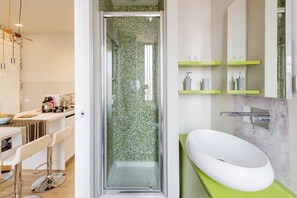 Shower, hair dryer, bidet, towels