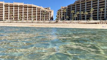 Un hôtel situé en bord de mer, avec plusieurs étages, des palmiers et une plage de sable.