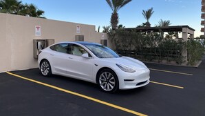 Een witte Tesla staat in een parkeerplaats met een helderblauwe lucht en palmbomen op de achtergrond.