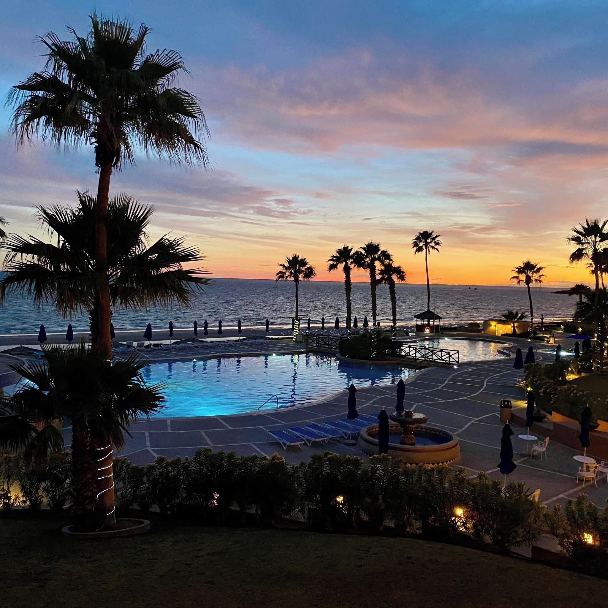 A swimming pool with a sunset view, surrounded by palm trees and lounge chairs.