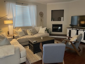 Smart TV, fireplace, video games, books