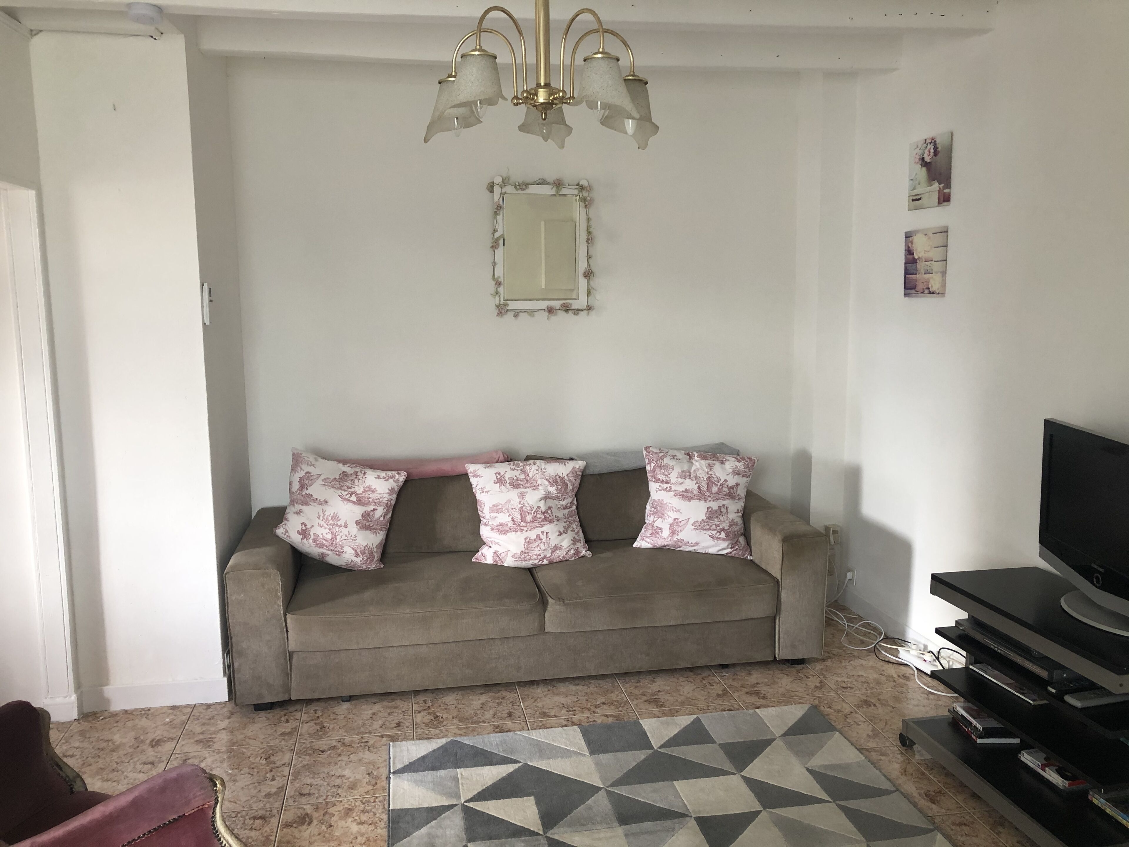 A living room with a sofa, a patterned rug, a television, and a decorative mirror.