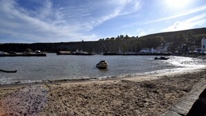 A beach with boats, a sandy shore, and a backdrop of buildings and trees.