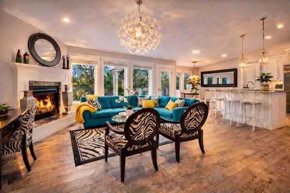 Smart TV, fireplace, books